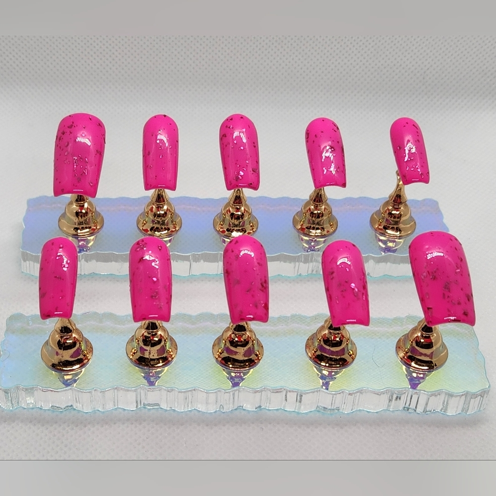 Hot Pink, Pink Glitter Flake Press On Nails